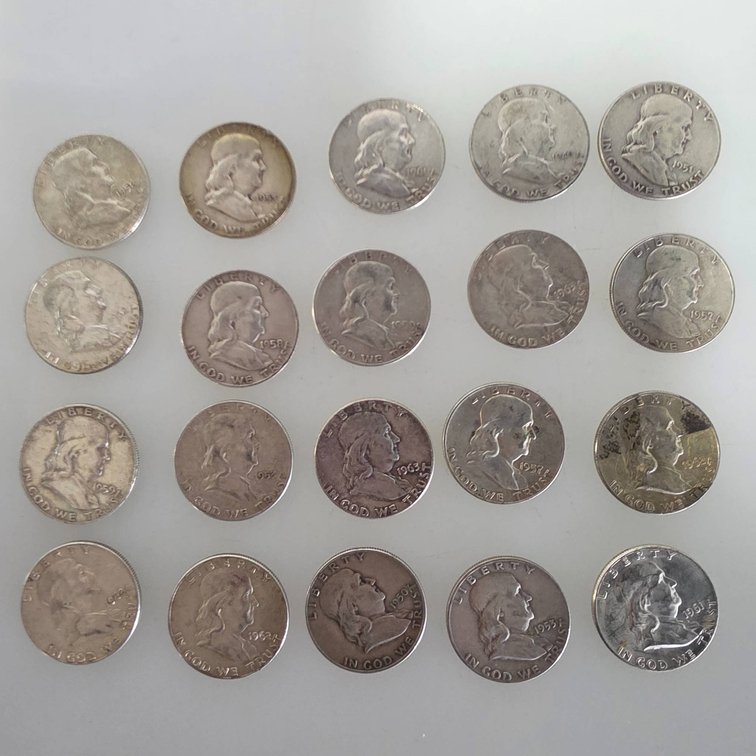 20 Franklin Half Dollars (90% Silver, Various Dates)