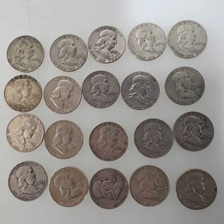 20 Franklin Silver Half Dollars (90% Silver, Various Dates)