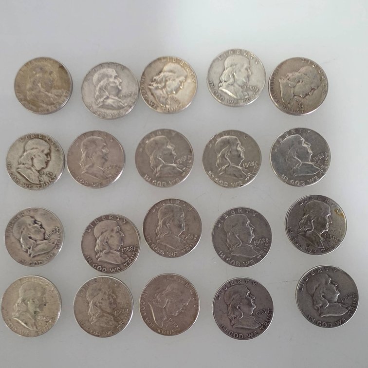 20 Franklin Half Dollars (90% Silver, Various Dates)