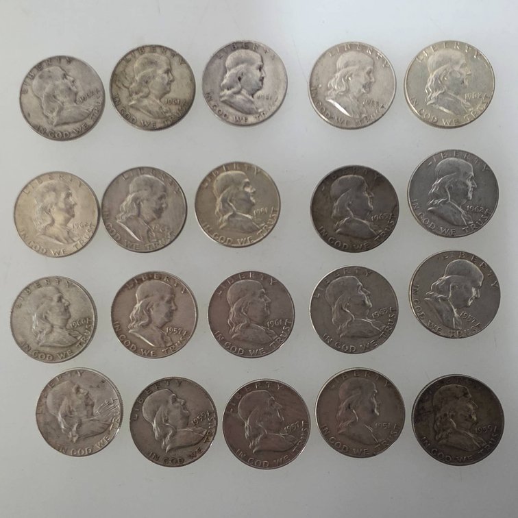 20 Franklin Half Dollars (90% Silver, Various Dates)