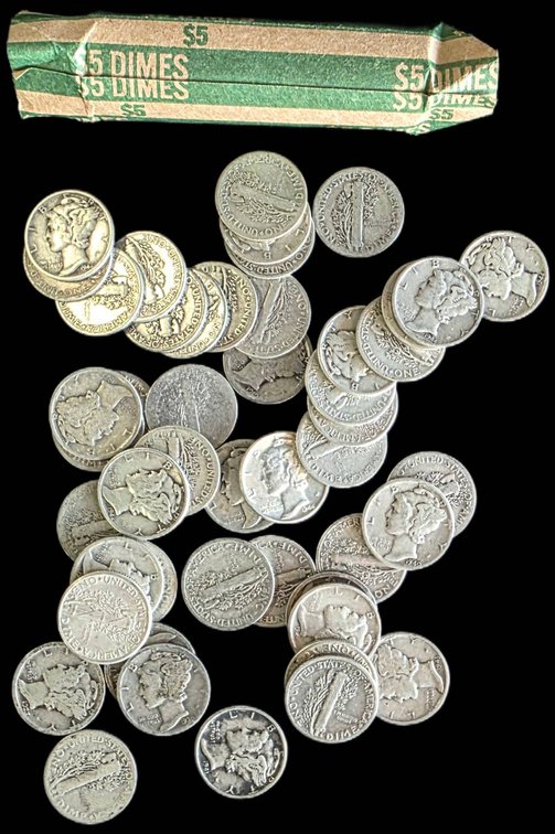 50 Silver Mercury Dimes, Various Dates 