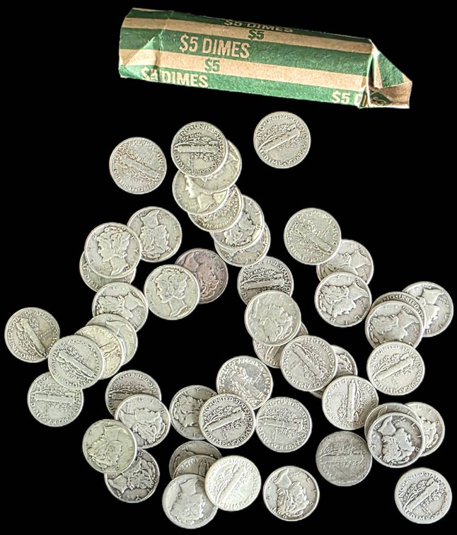 Roll of 50 Mercury Dimes, (1916 – 1945), 90% Silver