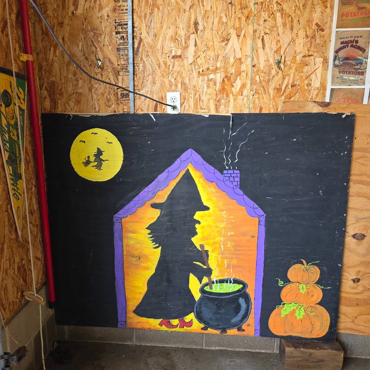 Hand-Painted Halloween Panel with Witch and Pumpkins