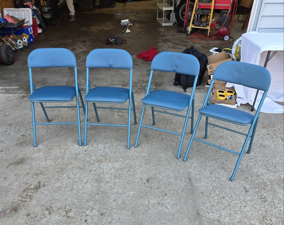 4 Blue Padded Folding Chairs with Metal Frames