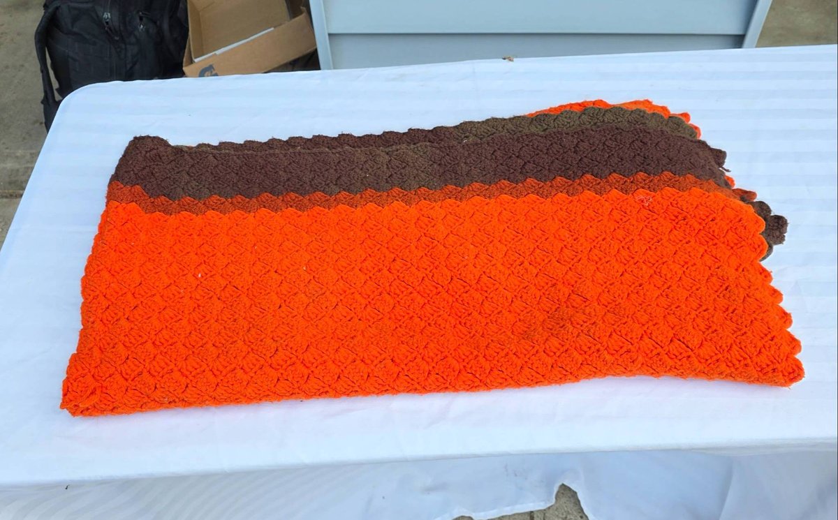 Hand-Crocheted Blanket with Orange and Brown Pattern