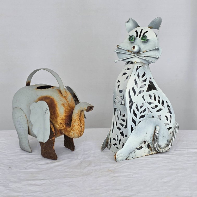 (2) Lawn Ornaments, Elephant Watering Can and Cat Sculpture