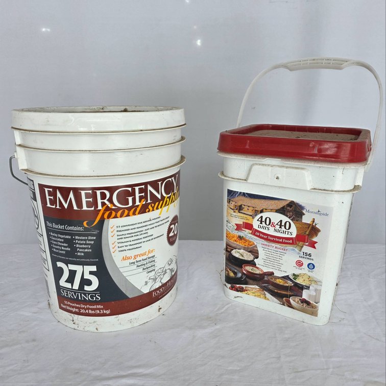 Two Unopened Buckets of Emergency Food Supplies With 431 Servings Total