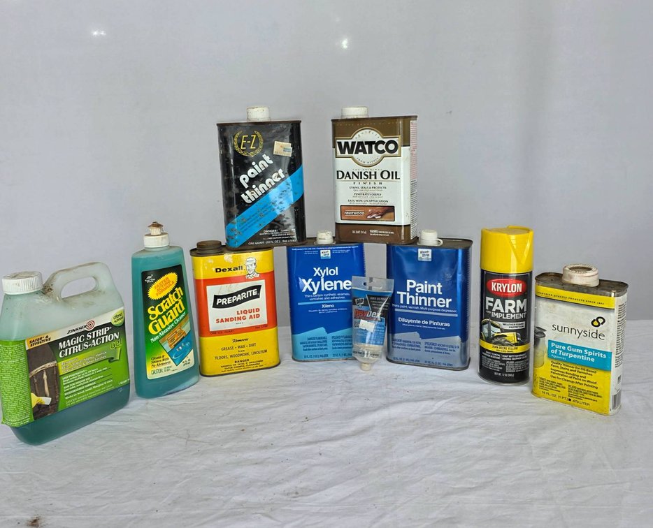 Partial Containers of Paint Supplies Including Paint Thinners, Oils, and Cleaners