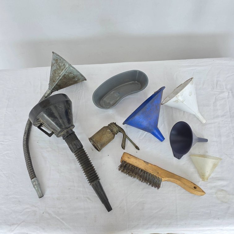 Funnels, Oil Can, and Wire Brush Collection