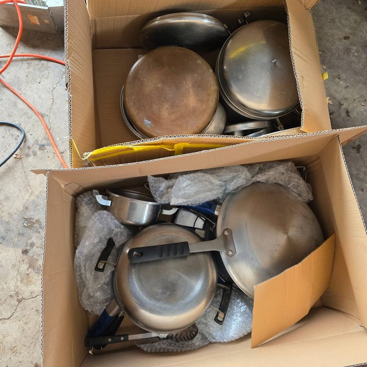 Two Boxes of Pots and Pans Including Revere Ware Assortment