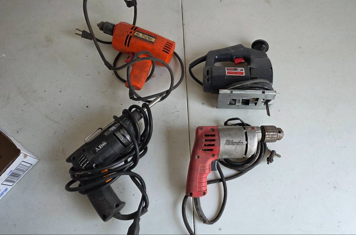 Electric Tools: Milwaukee Drill, SKIL Jigsaw, AEG Drill, and Jr-Drill