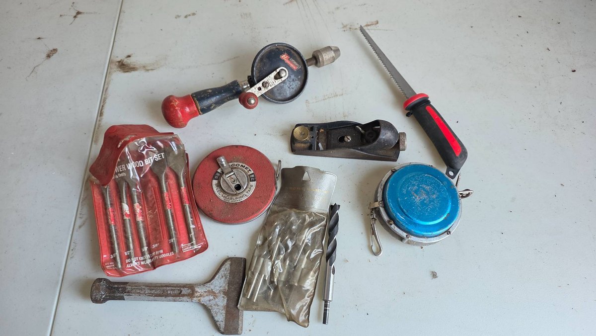Hand Tools Including Drill, Tape Measures, and Woodworking Plane