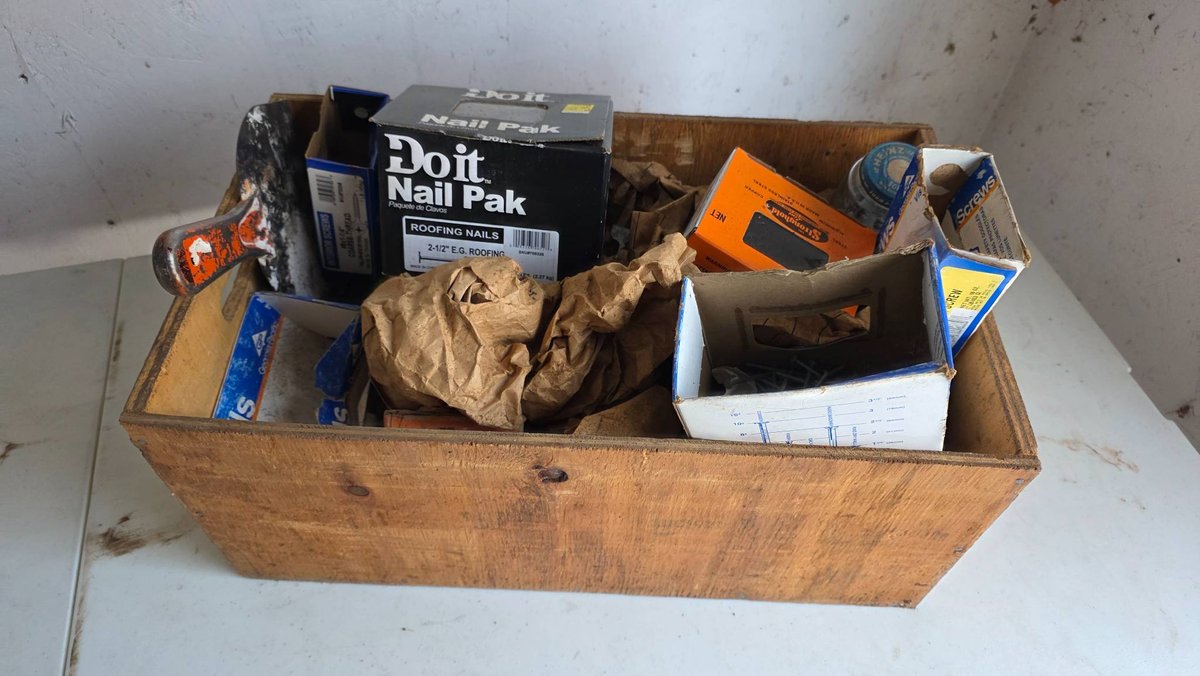 Large Assorted Box of Nails and Hardware Supplies