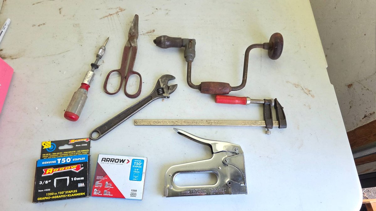 Hand Tools and Hardware Including Drill, Staple Gun, and Accessories