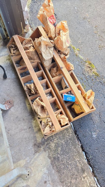 (2) 33″ Wooden Nail Totes with Assorted Nails