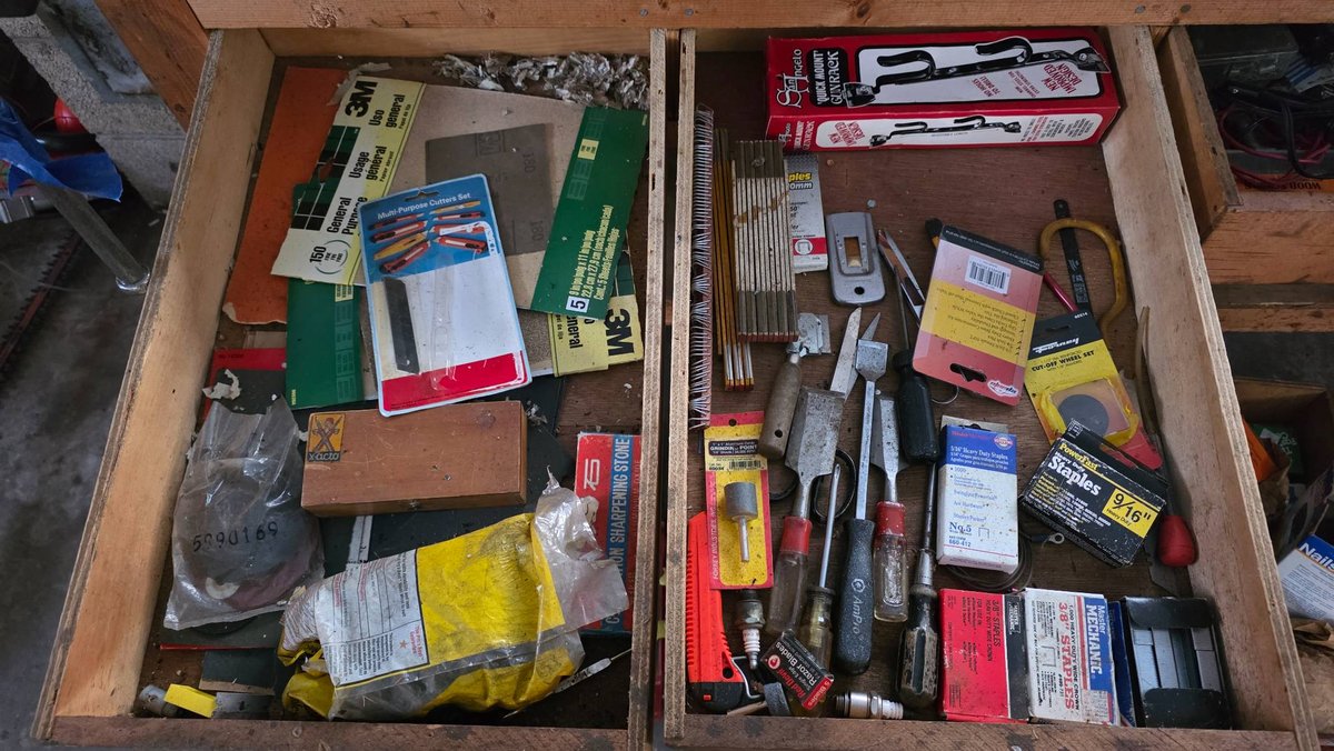Double Drawer Lot Featuring Chisels, Staples, X-Acto Knife, and More