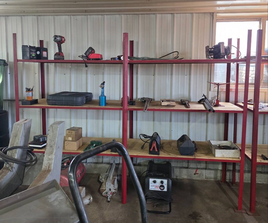 Red Metal Storage Shelving Unit w/ Wood Shelving