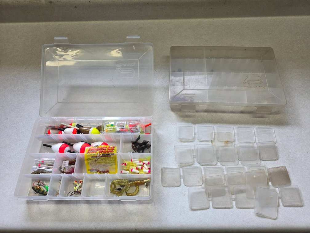 Two Plano Brand Tackle Boxes with Lures, Bobbers, Hooks, and Dividers