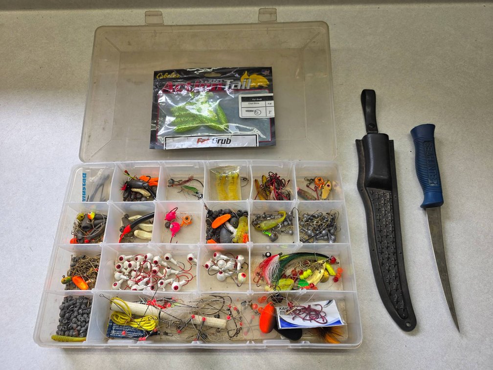 Fishing Lot with Parker Fillet Master Knife and Bass Pro Shop Tackle Box