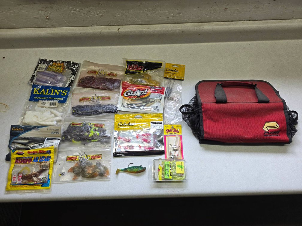Fishing Lot with Plano Tackle Bag, Lures, Hooks, and Artificial Bait