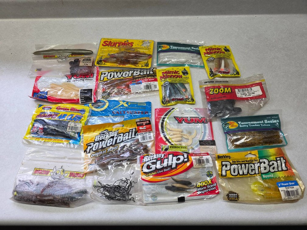 Fishing Lures, Fake Worms, and Hooks in Packaging