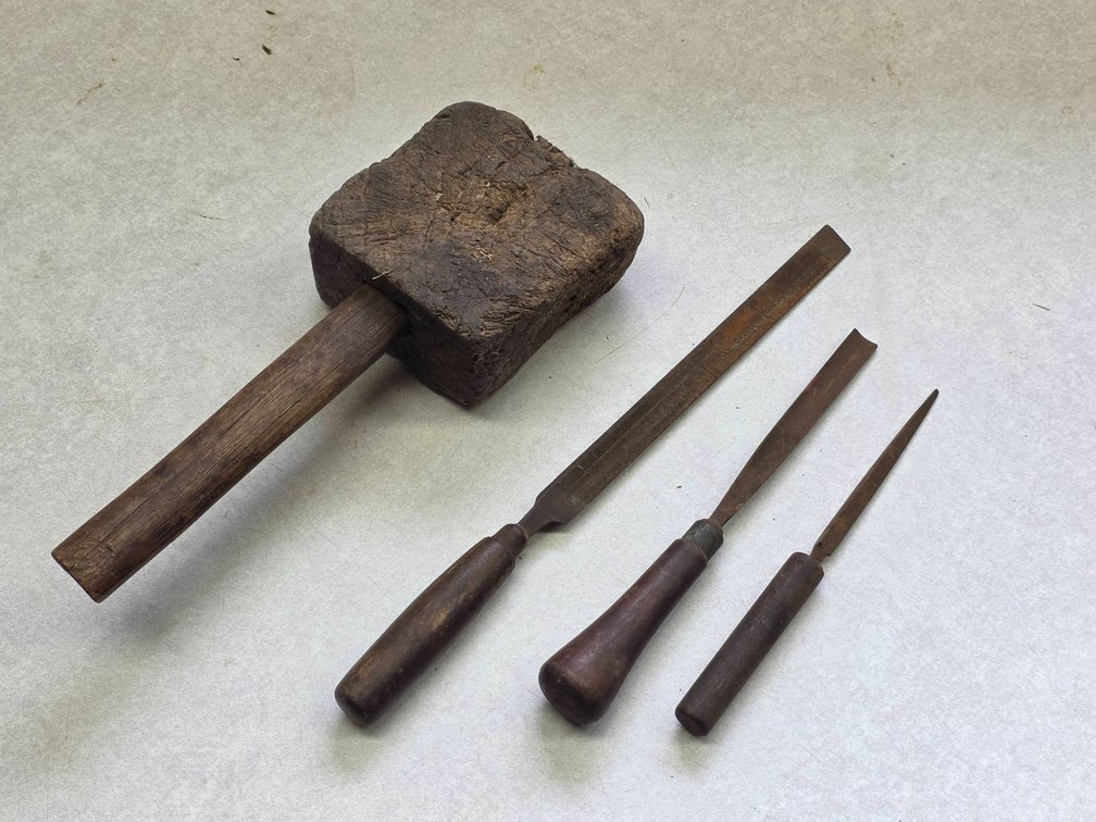 Antique Woodworking Lot with Wooden Jointer Mallet, Files, and Carving Chisel