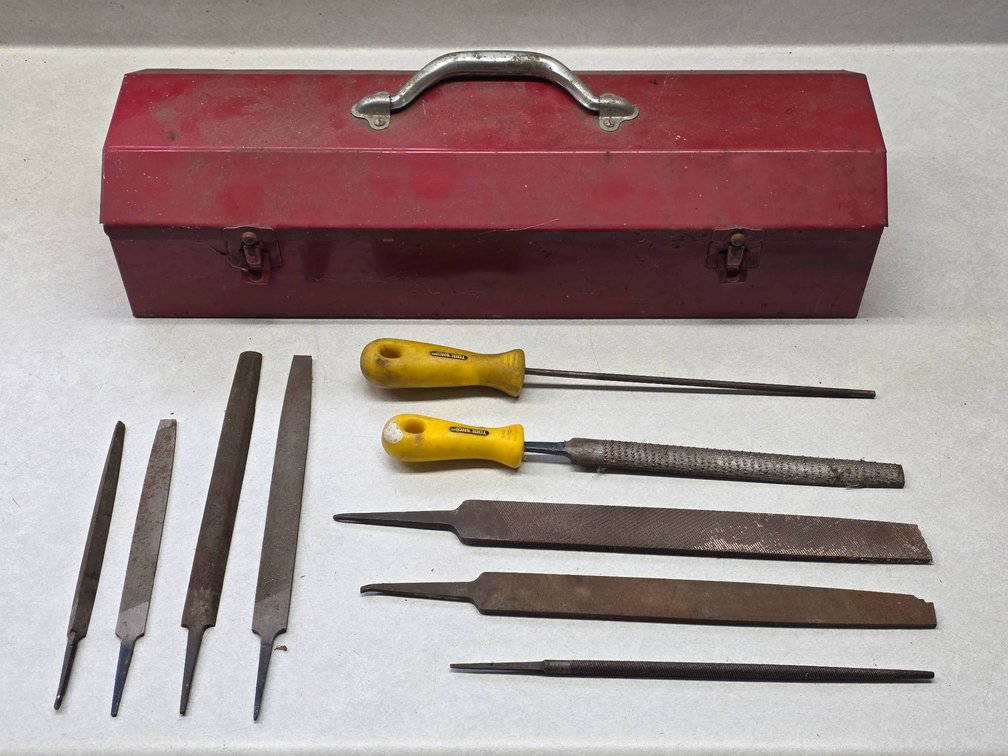 Red Metal Toolbox with Assorted Steel Files