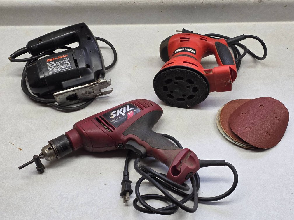 Corded Tools: Skil Drill, Black & Decker Tiger Saw, and Black & Decker Orbital Sander