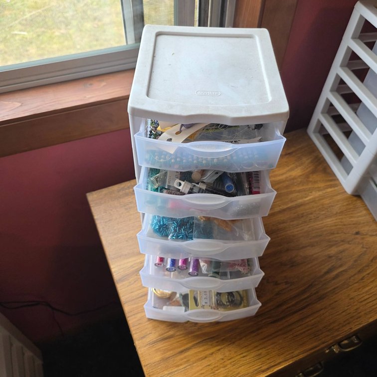 Plastic 5-Drawer Storage Organizer Containing Beads and Jewelry-Making Supplies