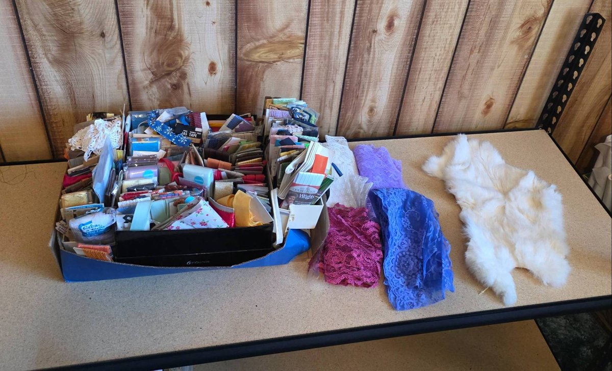 New and Partial Sewing and Craft Supplies Including Fabrics and Trims