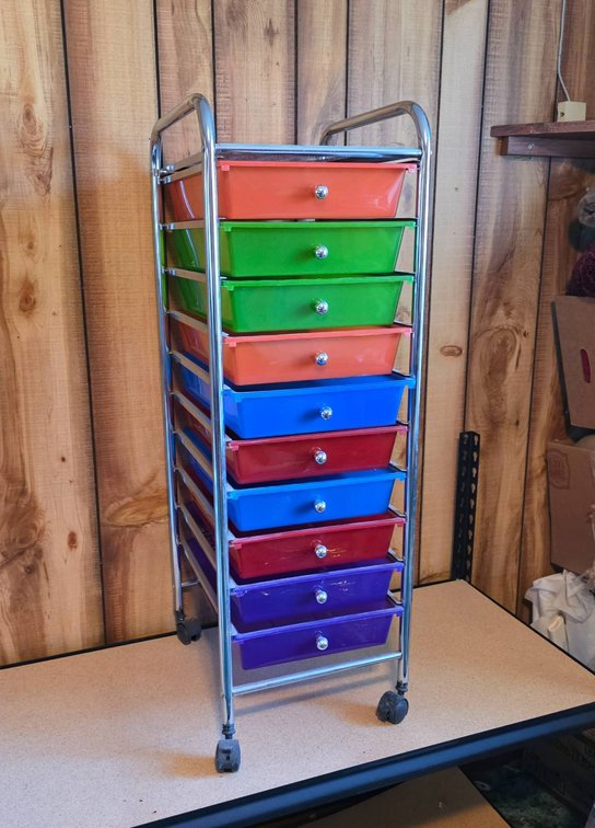 Chrome Storage Cart with 10 Colorful Plastic Drawers on Casters