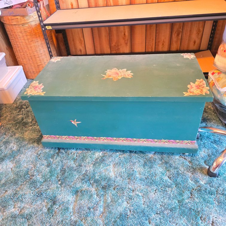 Painted Wooden Storage Chest with Floral Motif and Casters