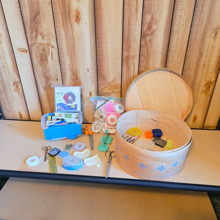 Decorative Wooden Box with Sewing and Craft Supplies