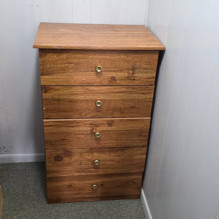 Wooden 5-Drawer Chest, Brass Knob Handles