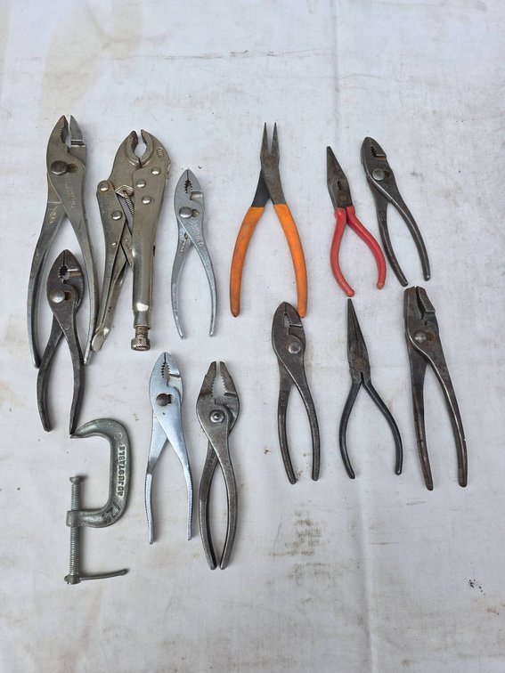 13pc Tool Lot Including Pliers, Vise Grips, and C-Clamp