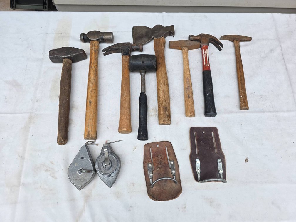 12pc Hammer and Hatchet Lot With Roofing Hook and Accessories