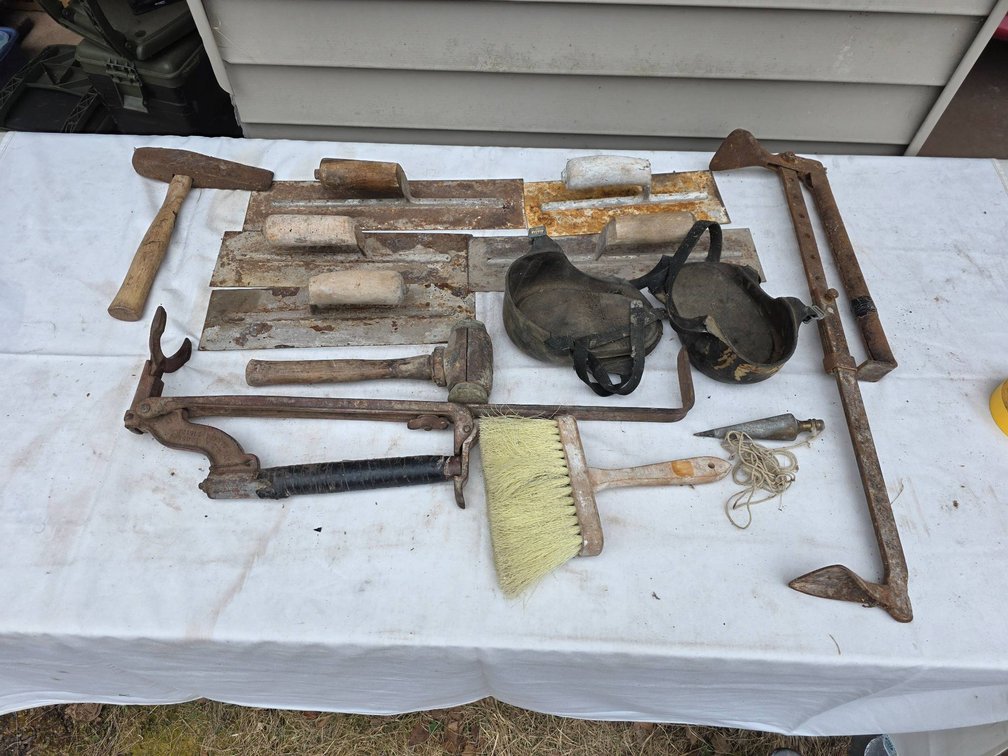 12pc Masonry Tool Lot with Hammers, Trowels, and Accessories