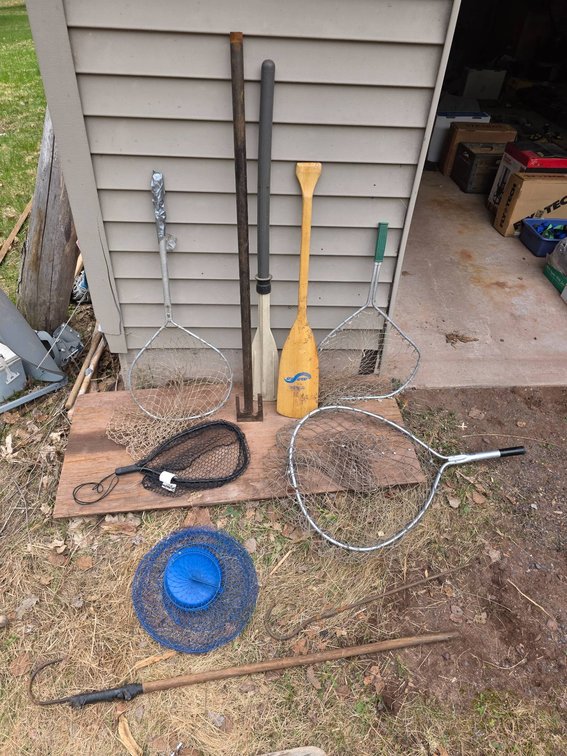 10pc Fishing Lot Including Nets, Fish Basket, and Ice Spud