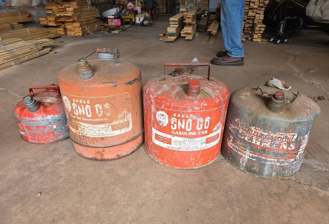 4-Piece Gas Can Value Lot Featuring Eagle Sno Go Snowmobile Gas Cans