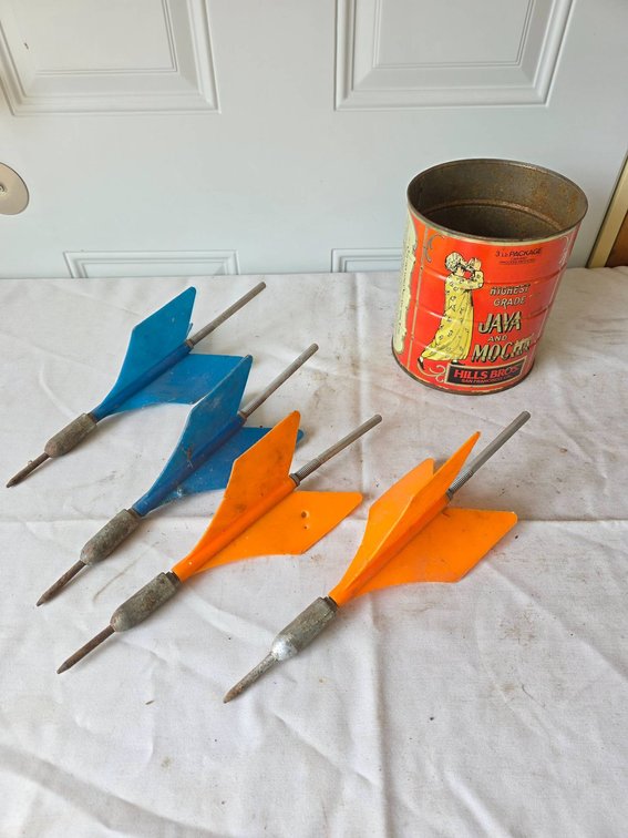 4pc Lawn Darts Set with Metal Tips and Vintage Hills Bros Coffee Tin