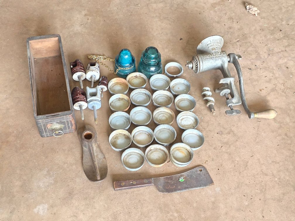 Zinc Lids, Glass Insulators, Universal No. 3 Food Chopper, and Singer Sewing Machine Drawer