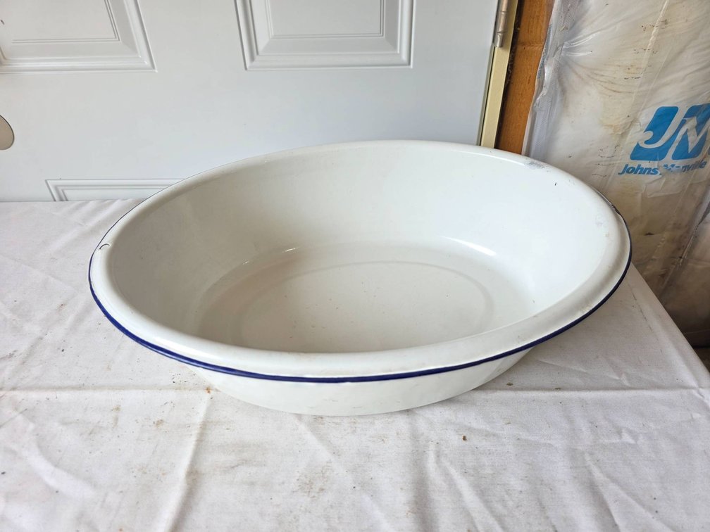 Vintage White and Blue Enamelware Basin, 18 Inches
