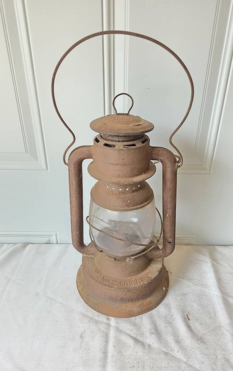 Antique Dietz No. 2 Crown Lantern with Metal Frame and Glass Globe