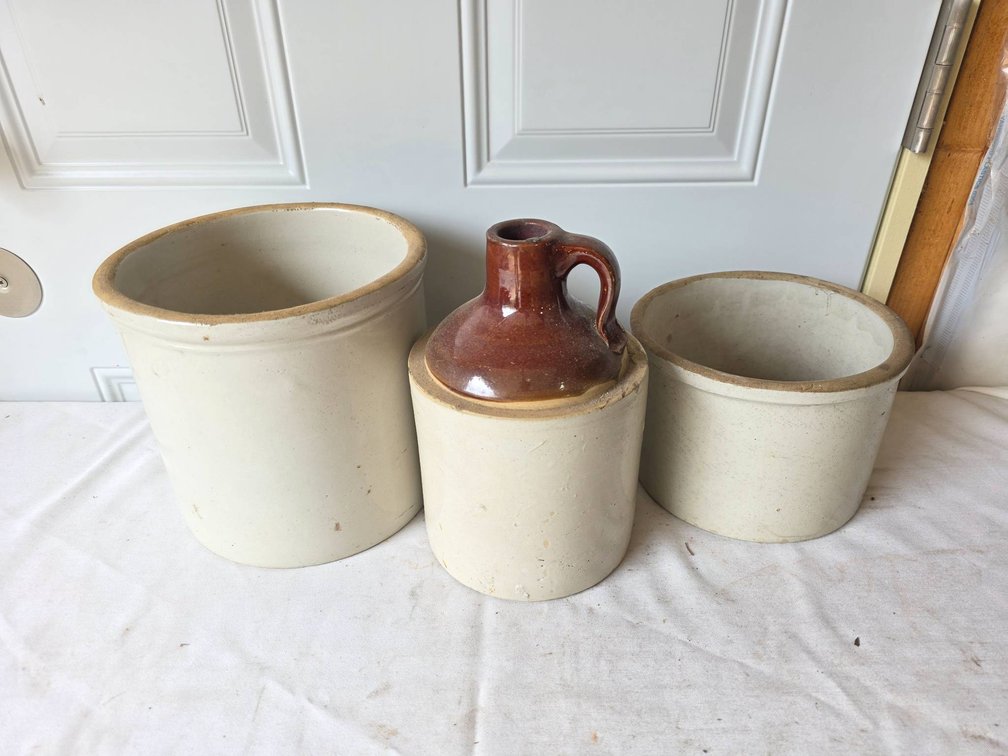 3-Piece Stoneware Lot Including Shoulder Jug and Two Crocks