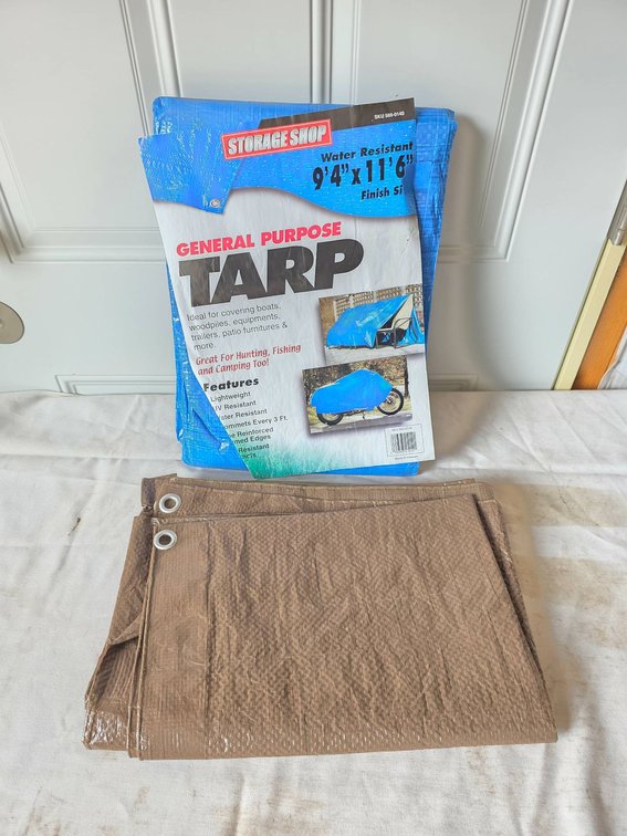 2-Piece Tarp Lot: One Blue 9’4”x11’6”General Purpose Tarp (New), One Brown Tarp