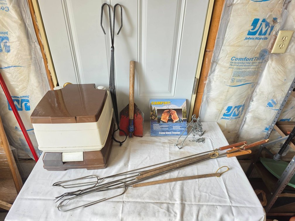 Camping Tools Value Lot with Portable Toilet, Log Tongs, Shovel, Toaster, etc