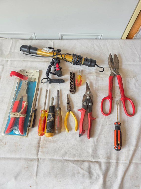 12-Piece Workshop Tools Lot Including Shears, Pliers, and Screwdrivers