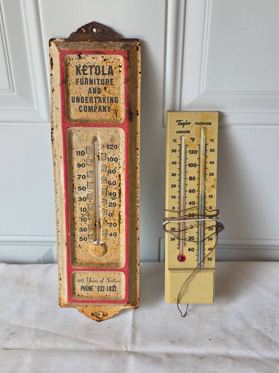 2pc Thermometer Lot | Inc, Ketola Furniture and Undertaking Company and Taylor Indoor/Outdoor Thermometer