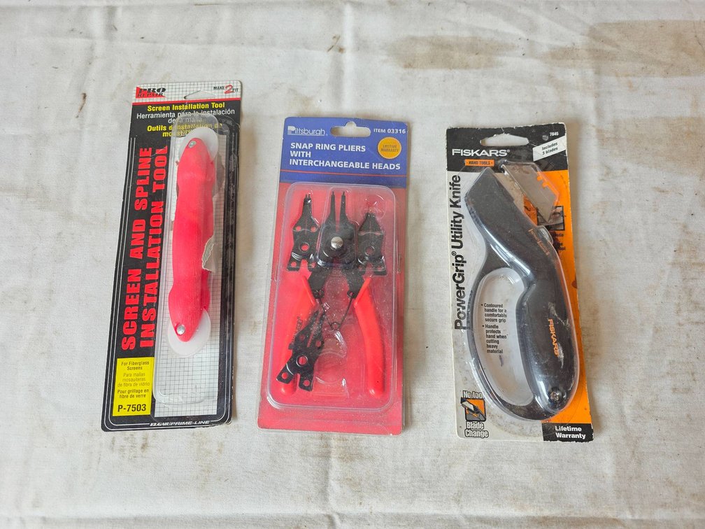 3pc NIP Tool Lot: Fiskars Utility Knife, Pittsburgh Snap Ring Pliers, and Screen and Spline Installation Tool