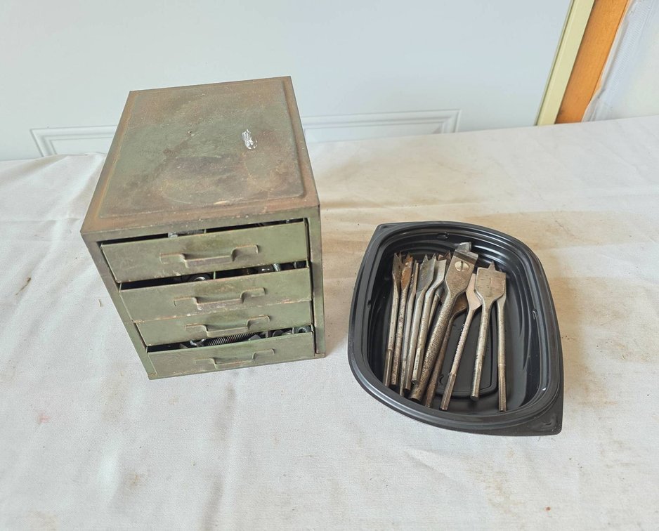 Army Green Metal Hardware Cabinet with Drill Bits and Paddle Bits